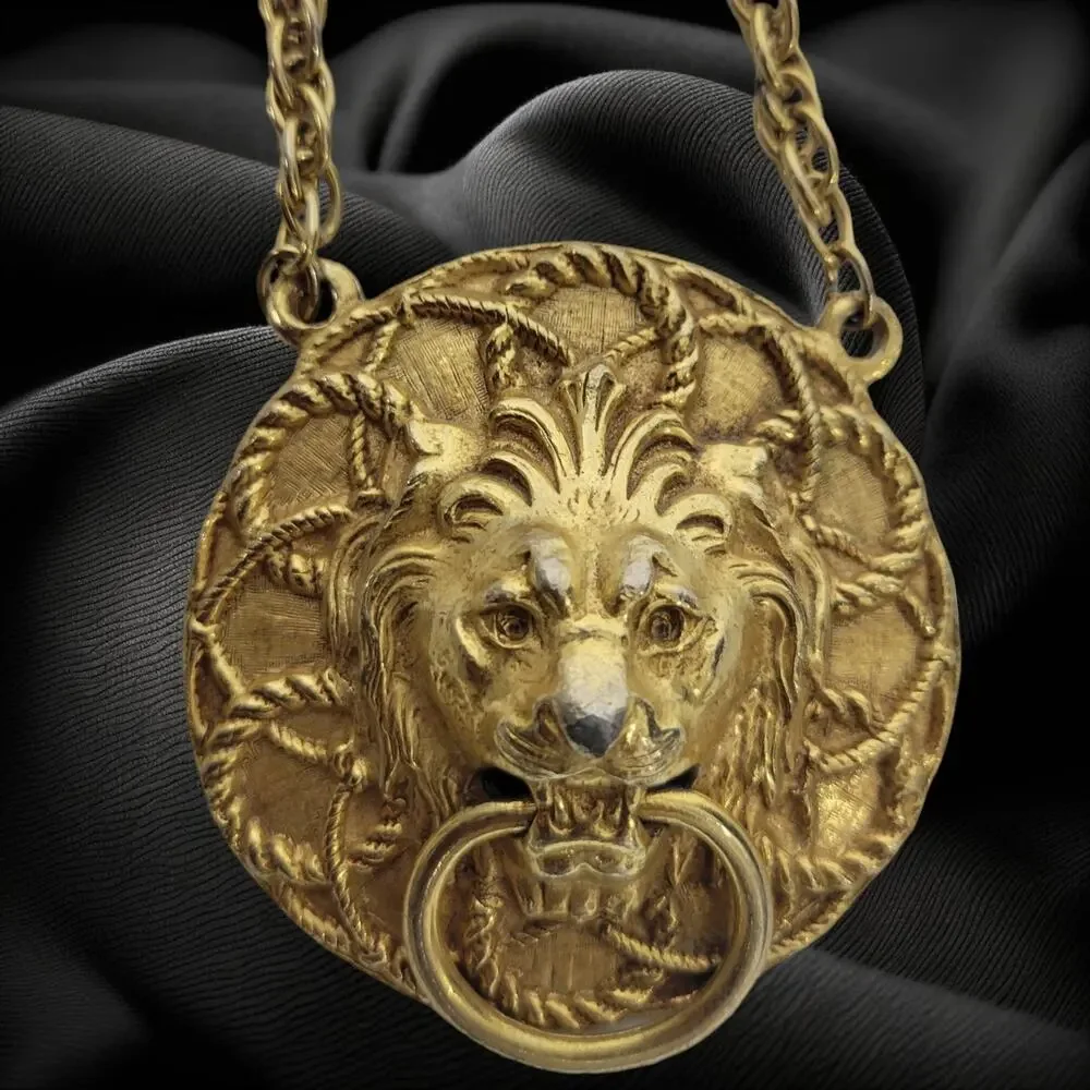 Vintage Double Lion Door Knocker Necklace Costume Jewelry Gold Pendant Statement